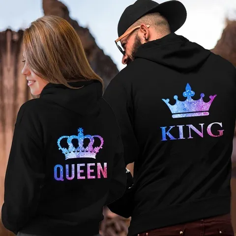 Φούτερ για Ζευγάρια Άνδρες Γυναίκες King Queen Τύπωμα Γαλαξία Στέμμα Μακρυμάνικο Φούτερ με Κουκούλα Πολυεστέρας Μαύρο Casual