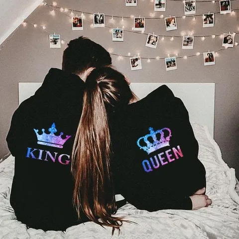 Φούτερ για Ζευγάρια Άνδρες Γυναίκες King Queen Τύπωμα Γαλαξία Στέμμα Μακρυμάνικο Φούτερ με Κουκούλα Πολυεστέρας Μαύρο Casual