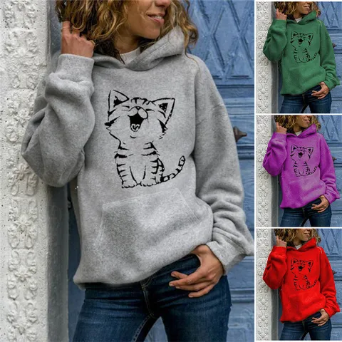 Women's Casual Polyester Pullover Hoodie With Cute Cartoon Cat Animal Print Long Sleeve Sweatshirt Kangaroo Pocket Top