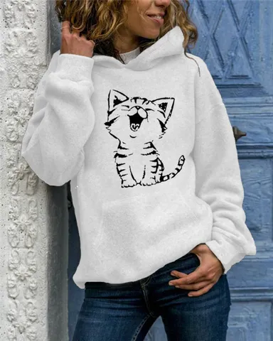 Women's Casual Polyester Pullover Hoodie With Cute Cartoon Cat Animal Print Long Sleeve Sweatshirt Kangaroo Pocket Top