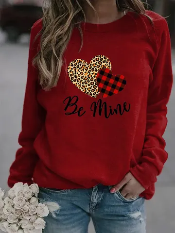 Valentine's Day Heart Print Fleece Lined Sweatshirt Casual Long Sleeve Round Neck Leopard Plaid Patchwork Pullover Top