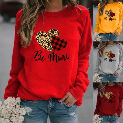 Valentine's Day Heart Print Fleece Lined Sweatshirt Casual Long Sleeve Round Neck Leopard Plaid Patchwork Pullover Top