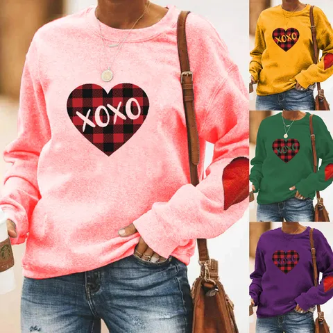 Sweatshirt Unisexe à Manches Longues et Col Rond Imprimé Cœur Saint-Valentin Pullover Polaire Chaude Décontracté Style Urbain Homme Femme