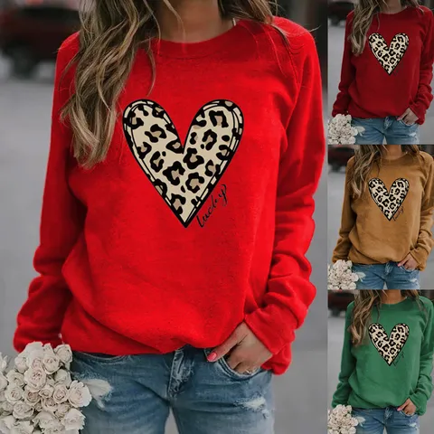 Men Casual Polyester Fleece Sweatshirt Crewneck Long Sleeve Leopard Heart Print Lucky Pullover Urban Fashion Top