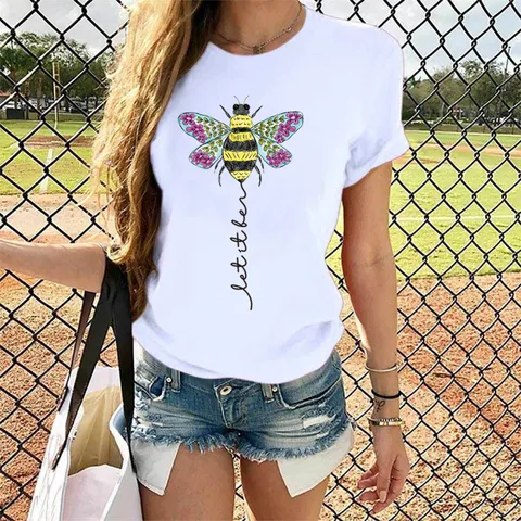 Dames Casual Katoen Modal T-Shirt Let It Be Bij Bloem Bedrukt Korte Mouw Ronde Hals Losse Pasvorm Zomer Graphic Tee Top