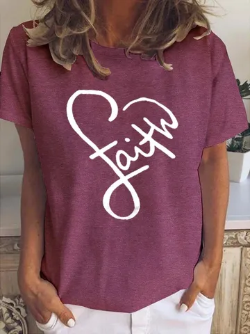 Damen Casual Polyester T-Shirt Faith Herz Buchstabe Grafik Bedruckt Rundhals Kurzarm Top Für Den Täglichen Gebrauch Urban Style