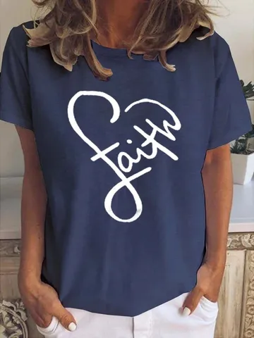 Damen Casual Polyester T-Shirt Faith Herz Buchstabe Grafik Bedruckt Rundhals Kurzarm Top Für Den Täglichen Gebrauch Urban Style