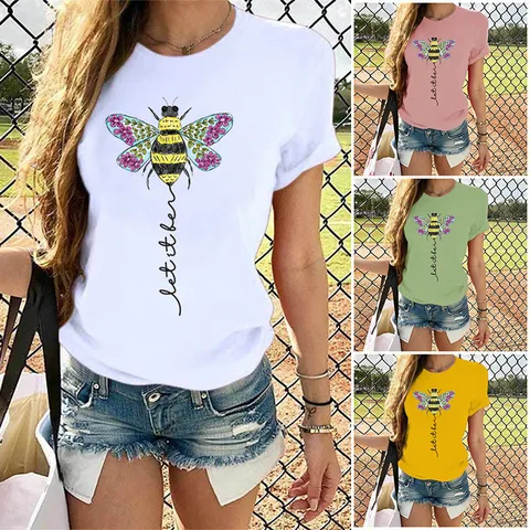 Dames Casual Katoen Modal T-Shirt Let It Be Bij Bloem Bedrukt Korte Mouw Ronde Hals Losse Pasvorm Zomer Graphic Tee Top