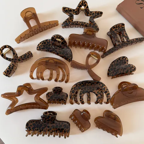 Pinza a Granchio per Capelli da Donna Stile Coreano Marrone Caramello Stampa Leopardata Plastica Antiscivolo Geometrico Stella Cuore Accessori Capelli
