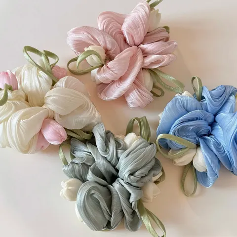 Zoete Stof Tulp Bloem Haarelastiekje Organza Lint Haarband Paardenstaart Houder Elegante Hoofddeksels Voor Dagelijks Vrouwen Sieraden