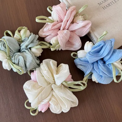 Zoete Stof Tulp Bloem Haarelastiekje Organza Lint Haarband Paardenstaart Houder Elegante Hoofddeksels Voor Dagelijks Vrouwen Sieraden