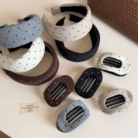 Ensemble Serre-Tête en Tissu à Pois Style Coréen et Pince à Cheveux Plate Collection d'Accessoires de Coiffure Élégants en Plastique pour Femmes