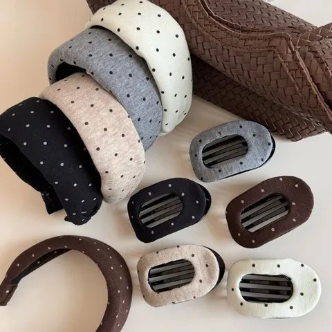 Ensemble Serre-Tête en Tissu à Pois Style Coréen et Pince à Cheveux Plate Collection d'Accessoires de Coiffure Élégants en Plastique pour Femmes