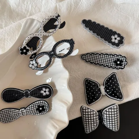 Korean Style Cute Bowknot Flower Glasses Hair Clip Sweet Duckbill Clip Plaid Polka Dot Side Bangs Barrette Handmade Headwear for Women