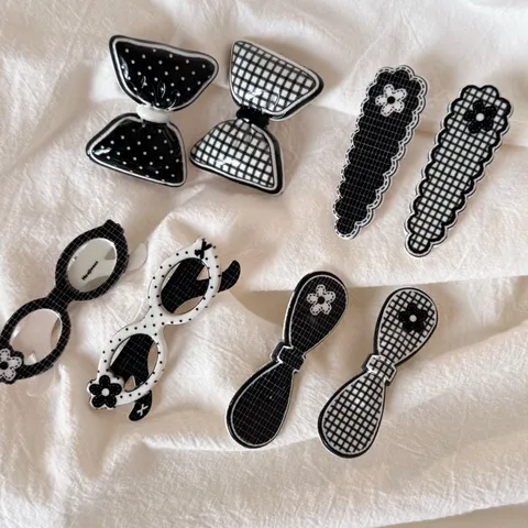 Korean Style Cute Bowknot Flower Glasses Hair Clip Sweet Duckbill Clip Plaid Polka Dot Side Bangs Barrette Handmade Headwear for Women