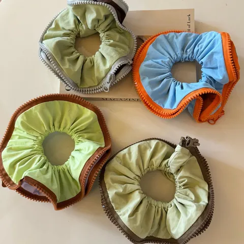 Korean Style Zipper Design Scrunchies Premium Fabric High Elastic Hair Bands Solid Color Ruched Pleated Ponytail Holder Hair Ties For Women Daily Hair Accessories