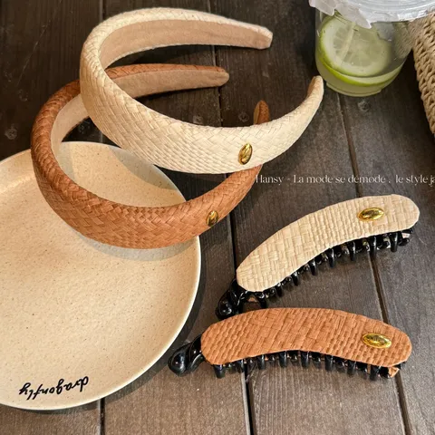 Pince à Cheveux Banane Élégante en Tissu de Paille Boucle Dorée de Haute Classe Grande Taille Griffe de Cheval Bandeau Accessoires de Cheveux pour Femmes