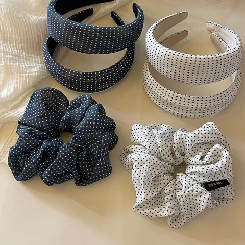 Women's Polka Dot Satin Hair Scrunchies And Headbands Korean Style Navy Blue White Dotted Hair Ties Hair Accessories