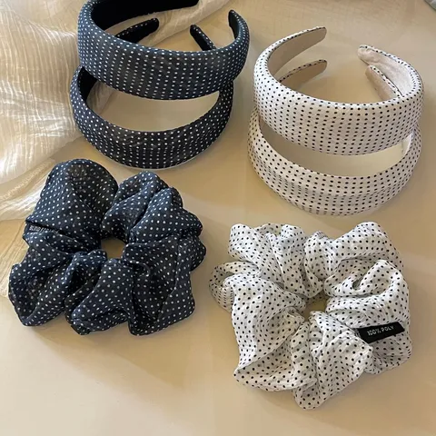 Women's Polka Dot Satin Hair Scrunchies And Headbands Korean Style Navy Blue White Dotted Hair Ties Hair Accessories