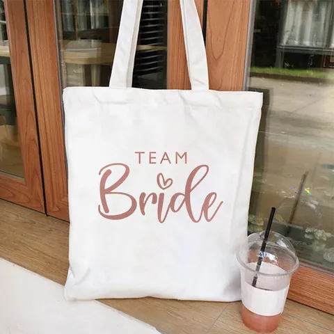 Women Canvas Tote Bag Team Bride Heart Pattern Print Large Single Shoulder Shopping Bag Bachelorette Party Casual Handbag For Wedding Custom Style
