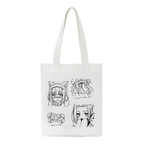 Harajuku Y2K Kawaii Cat Printed Canvas Tote Bag Gothic Anime Aesthetic Shoulder Handbag Eco Friendly Cotton Shopping Bag For Women