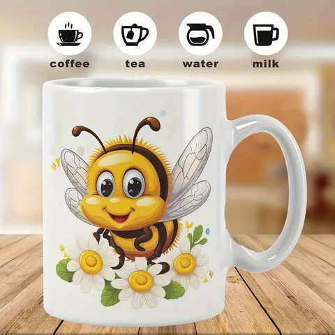 Modern Minimalistisch Knochenporzellan Becher Hitzebeständig Sublimation Keramik Kaffeobecher Weiß Biene Gänseblümchen Buchstaben Druck Tee Wasser Milch Tasse Büro Geschenk