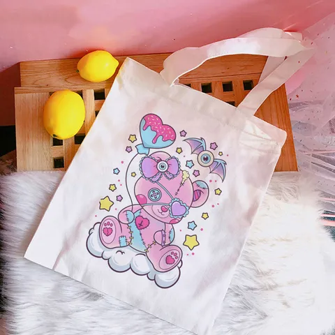 Τσάντα Καμβά Pastel Goth Γυναικεία Τυπωμένη Λευκή Γάτα Κουνέλι Σκουλαρίκι Ώμου Επαναχρησιμοποιούμενη Πτυσσόμενη Οικολογική Τσάντα Ψωνίσματος Καθημερινή Μεγάλη