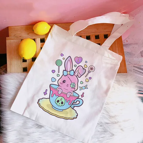 Τσάντα Καμβά Pastel Goth Γυναικεία Τυπωμένη Λευκή Γάτα Κουνέλι Σκουλαρίκι Ώμου Επαναχρησιμοποιούμενη Πτυσσόμενη Οικολογική Τσάντα Ψωνίσματος Καθημερινή Μεγάλη