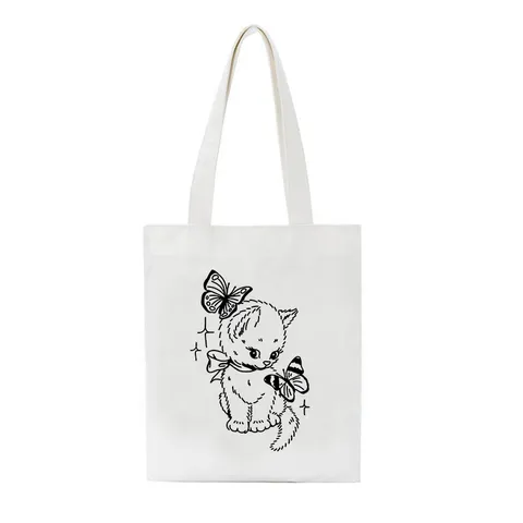 Harajuku Y2K Kawaii Cat Printed Canvas Tote Bag Gothic Anime Aesthetic Shoulder Handbag Eco Friendly Cotton Shopping Bag For Women