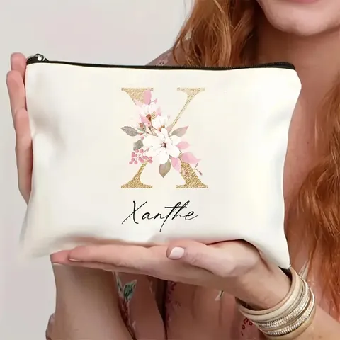Urban Minimalist Canvas Polyester Cosmetic Bag Floral Letter Printed Toiletry Bag Travel Makeup Organizer Wash Bag For Women