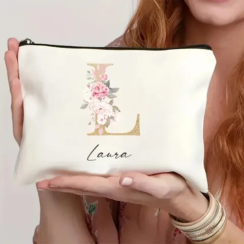 Urban Minimalist Canvas Polyester Cosmetic Bag Floral Letter Printed Toiletry Bag Travel Makeup Organizer Wash Bag For Women