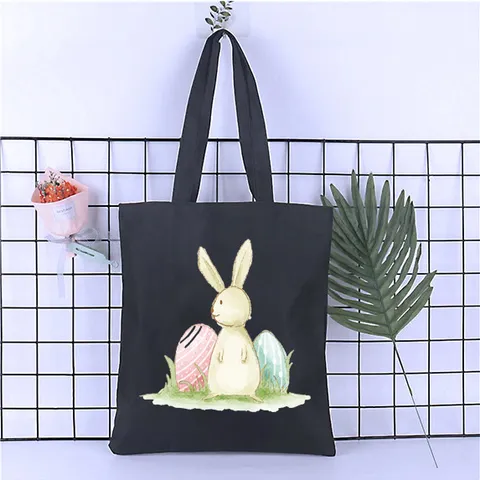 Vintage Cartoon Rabbit Easter Egg Printed Canvas Tote Bag Large Capacity Casual Shoulder Bag Open Shopping Bag For Women
