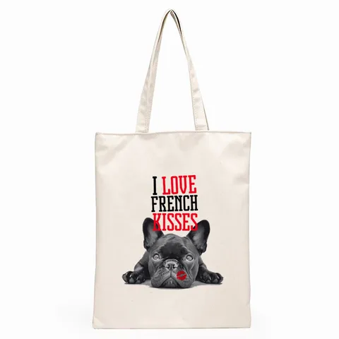 Retro Canvas Tote Bag With Cute French Bulldog Pattern Printed Large Capacity Foldable Reusable Shopping Shoulder Bag For Daily Use