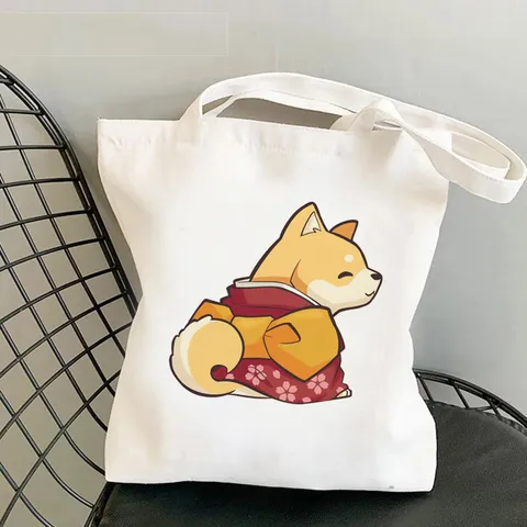 Shiba Inu Bedruckte Canvas Tote Bag Für Damen Studenten Lässige Einkaufstasche Japanischer Stil Cartoon Tier Schultertasche