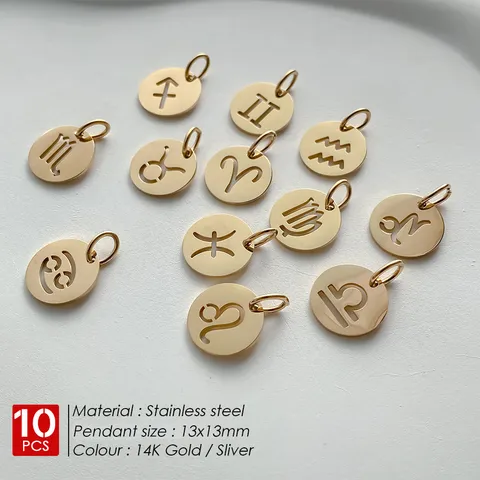 Pendentif Charme Rond Zodiaque Évidé en Acier Inoxydable pour Fabrication Bijoux DIY Fournitures Or Argent