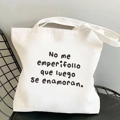 Damen Vintage Segeltuch Tragetasche Spanischer Spruch Buchstabe Druck Harajuku Umhängetasche Öko Große Einkaufstasche Weiß Handtasche