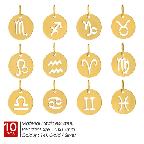 Pendentif Charme Rond Zodiaque Évidé en Acier Inoxydable pour Fabrication Bijoux DIY Fournitures Or Argent