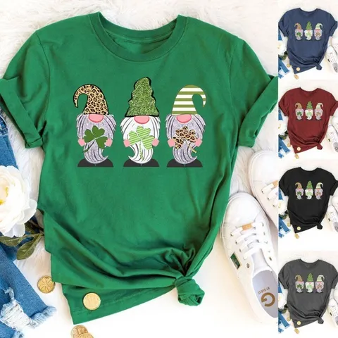 Camiseta de Algodón para Mujer San Patricio Estampado Gnomo Trébol Cuello Redondo Manga Corta Top Casual Ropa Calle