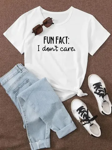 Maglietta da Donna Casual a Maniche Corte Girocollo con Stampa di Lettere Fun Fact I Don't Care Top in Poliestere