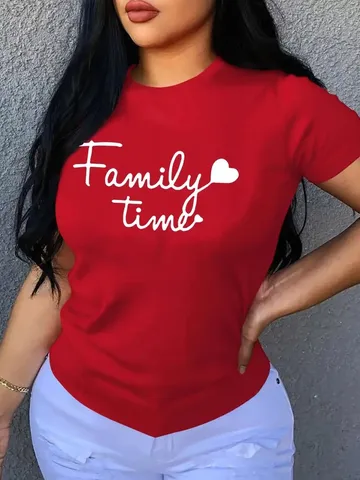 Dames Rood Ronde Hals Korte Mouw T-Shirt Casual Stedelijke Stijl Letter Bedrukt Grafisch Tee Polyester Top Comfortabel