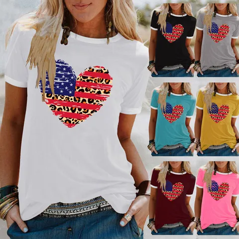 Γυναικείο Casual T-Shirt από Μείγμα Βαμβακιού Στρογγυλή Λαιμόκοψη Κοντό Μανίκι Τύπωμα Καρδιά Λεοπάρ Αμερικανική Σημαία
