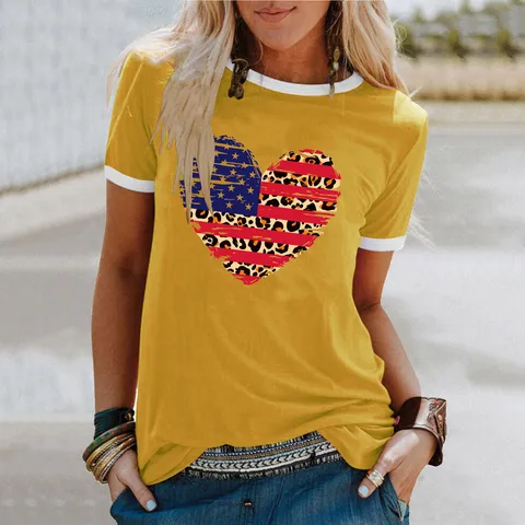 Γυναικείο Casual T-Shirt από Μείγμα Βαμβακιού Στρογγυλή Λαιμόκοψη Κοντό Μανίκι Τύπωμα Καρδιά Λεοπάρ Αμερικανική Σημαία