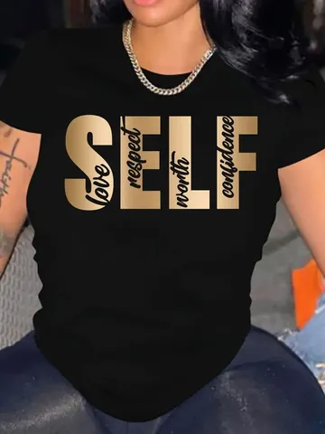 Camiseta de Poliéster Casual para Mujer Estampado de Letras Manga Corta Cuello Redondo Top Ropa Cómoda de Estilo Urbano para Mujer
