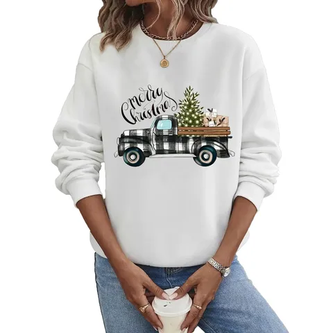 Women Christmas Tree Truck Print Crewneck Sweatshirt Long Sleeve Polyester Pullover Casual Holiday Loose Top