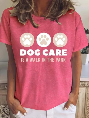 Women Casual Cotton Short Sleeve T-Shirt With Dog Care Paw Print Letter Pattern Round Neck Loose Comfortable Basic Tee Top