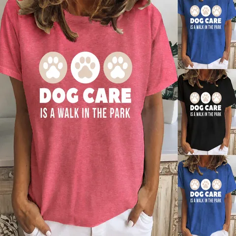 Women Casual Cotton Short Sleeve T-Shirt With Dog Care Paw Print Letter Pattern Round Neck Loose Comfortable Basic Tee Top