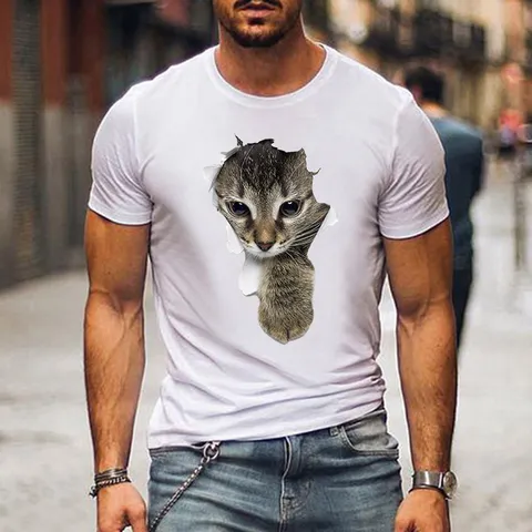 Women Men 3D Realistic Cute Cat Printed Cotton T-Shirt Casual Short Sleeve Loose Crew Neck Animal Pattern Couple Top