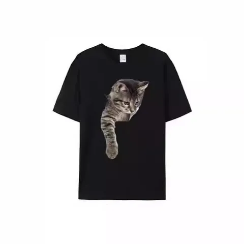 Women Men 3D Realistic Cute Cat Printed Cotton T-Shirt Casual Short Sleeve Loose Crew Neck Animal Pattern Couple Top