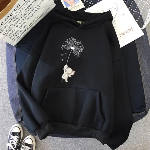 Sweat à Capuche Décontracté Unisexe Doublé de Polaire Pull Hoodie Avec Imprimé Éléphant Pissenlit Poche Manches Longues Top pour Homme Femme