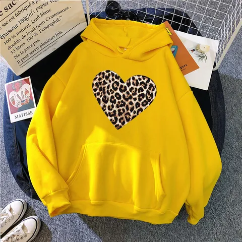 Sweat à Capuche Unisexe Imprimé Cœur Léopard Casual Streetwear Pull à Capuche Avec Poche Kangourou Haut Manches Longues